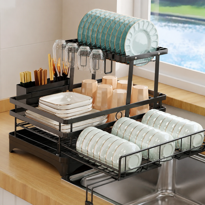 Expandable 2-tier dish drying rack for kitchen countertop organization
