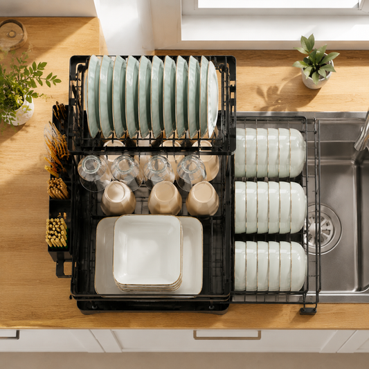 Expandable dish rack organizer with plates and kitchen utensils